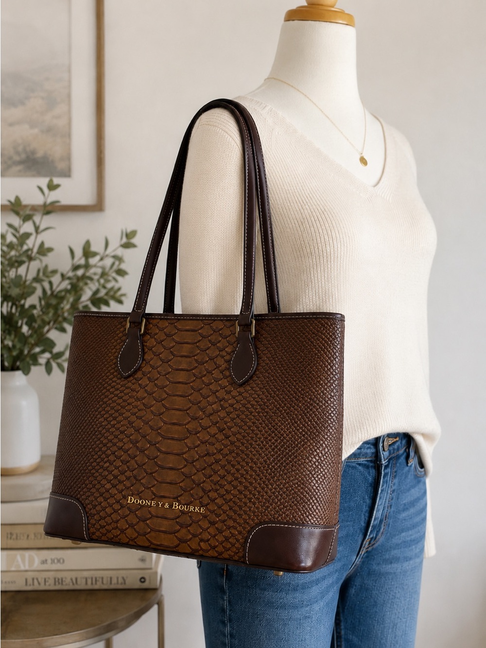 Dooney & Bourke Embossed Python Snake Print Exotic Leather Tote Red Lining